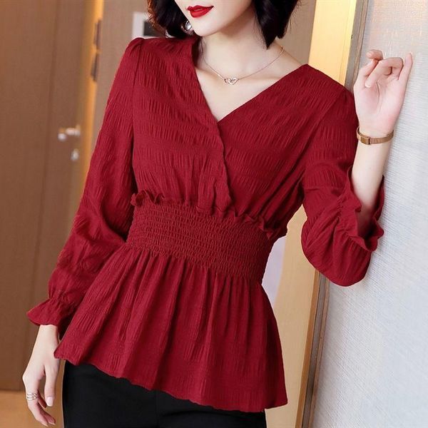 small long-sleeved chiffon shirt spring women's clothing western style v-neck waist-tight t-shirt, White
small long-sleeved chiffon shirt spring women's clothing western style v-neck waist-tight t-shirt, White