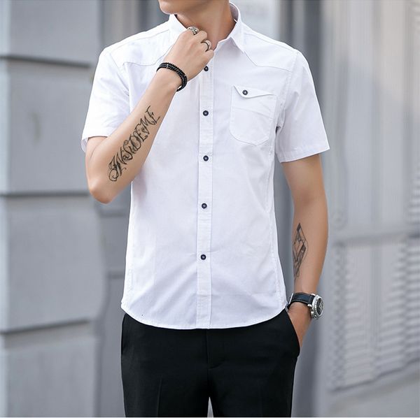 men's summer mens cargo lapel neck short sleeve slim man casual shirts fashion solid color homme, White;black
men's summer mens cargo lapel neck short sleeve slim man casual shirts fashion solid color homme, White;black