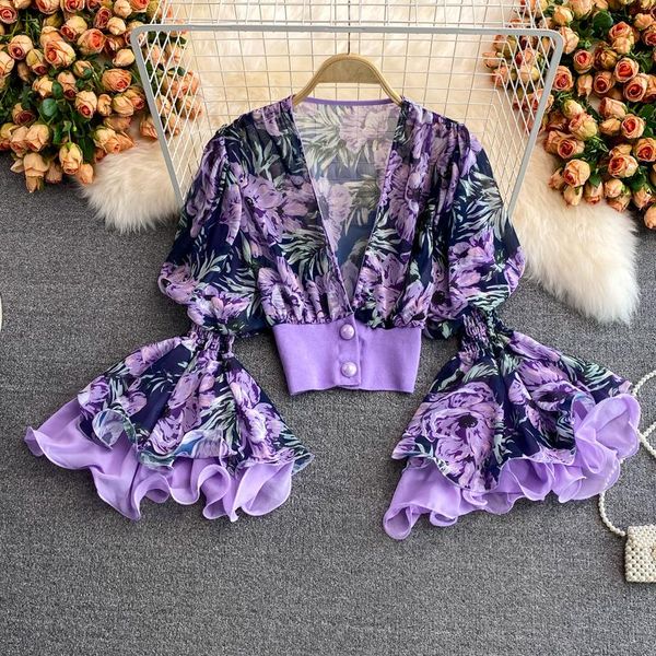 women's polos autumn style european and american fashion deep v waist trimming flared sleeve printed chiffon shirt western short top, White
women's polos autumn style european and american fashion deep v waist trimming flared sleeve printed chiffon shirt western short top, White
