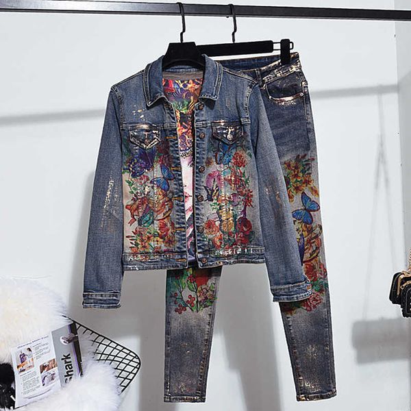 women's two piece pants autumn fashion print elastic denim set slim jeans jacket coat + long 2pc plus size suit streetwear t1tl, White
women's two piece pants autumn fashion print elastic denim set slim jeans jacket coat + long 2pc plus size suit streetwear t1tl, White
