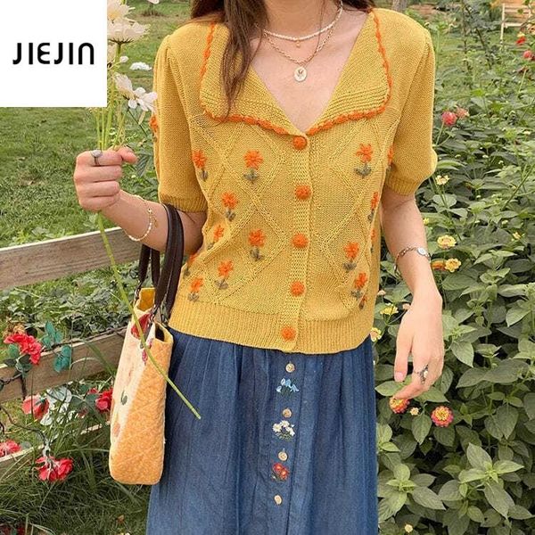 women's knits & tees korean yellow flower sweater women embroidery short sleeves buttons summer knitting cardigan sweet wind blouses, White
women's knits & tees korean yellow flower sweater women embroidery short sleeves buttons summer knitting cardigan sweet wind blouses, White