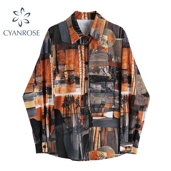 fashion vintage print shirt women oversized long sleeve single breasted spring bf harajuku street blouse ladies blusas 210417, White 
fashion vintage print shirt women oversized long sleeve single breasted spring bf harajuku street blouse ladies blusas 210417, White