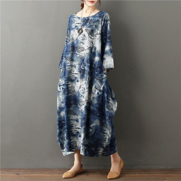 summer cotton linen dress women 3/4 sleeve print sundress elegant o neck plus size loose dresses vestido robe femme casual, Black;gray 
summer cotton linen dress women 3/4 sleeve print sundress elegant o neck plus size loose dresses vestido robe femme casual, Black;gray