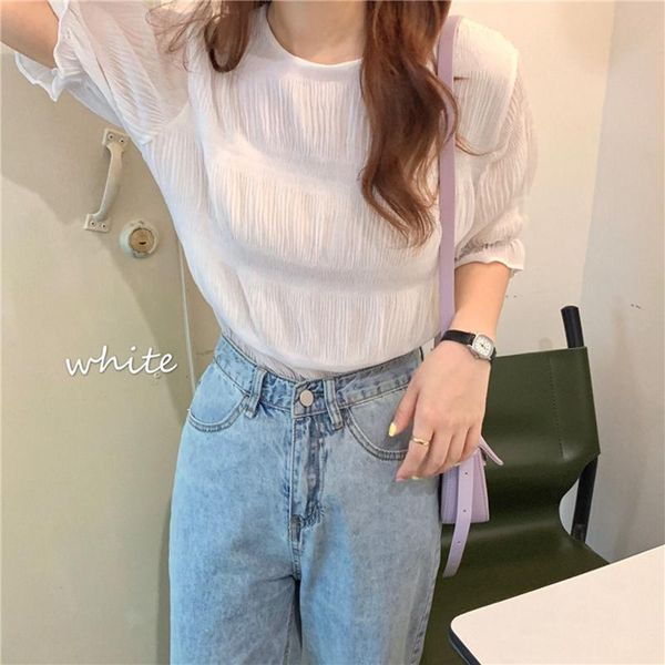 women's blouses & shirts women blouse sweet o neck short sleeve folds straight summer shirt lady all match casual soild soft korean sty, White
women's blouses & shirts women blouse sweet o neck short sleeve folds straight summer shirt lady all match casual soild soft korean sty, White