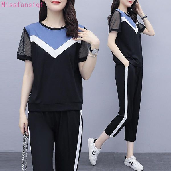 hit summer tracksuit women patchwork 3d printed o-neck shirt + black elastic waist pants ladies suits female clothing women's two piece, White 
hit summer tracksuit women patchwork 3d printed o-neck shirt + black elastic waist pants ladies suits female clothing women's two piece, White