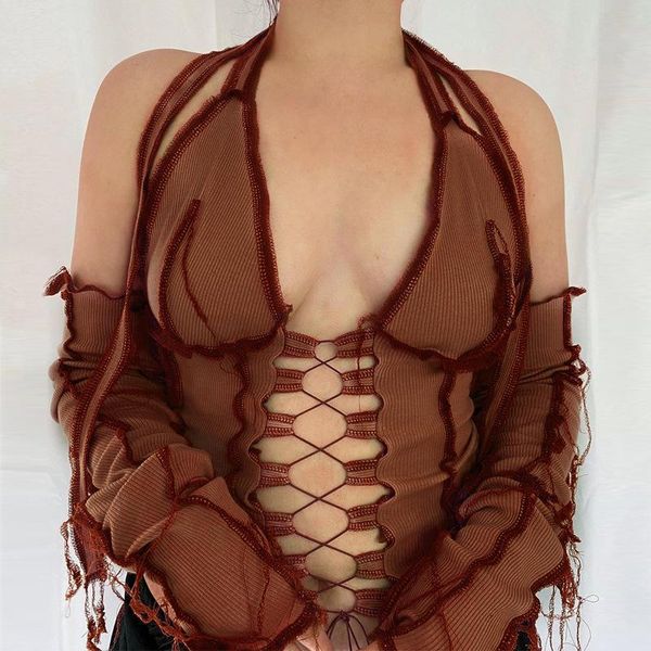 women's t-shirt summer 2021 tie halter neck long sleeve t shirt night club party clothing women, White
women's t-shirt summer 2021 tie halter neck long sleeve t shirt night club party clothing women, White