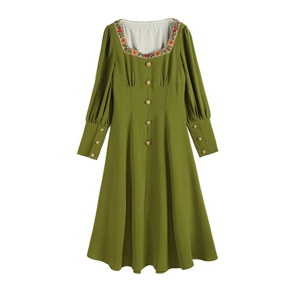 long-sleeved dress green vintage button floral embroidery mid calf a-line elegant chic d2126 210514, Black;gray
long-sleeved dress green vintage button floral embroidery mid calf a-line elegant chic d2126 210514, Black;gray