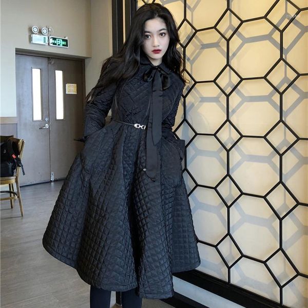 women elegant autumn winter cotton padded coats ladies sweet bow collar sashes skirt jackets 2021 knee length jackets1, Black
women elegant autumn winter cotton padded coats ladies sweet bow collar sashes skirt jackets 2021 knee length jackets1, Black
