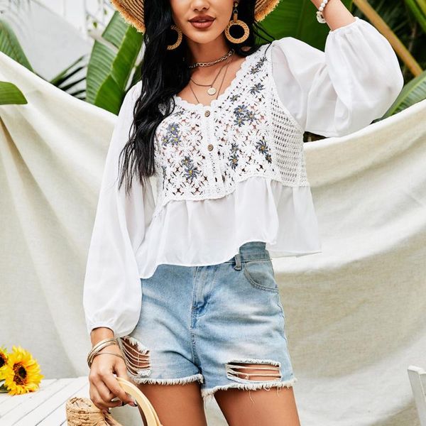 women's t-shirt daisy embroidery chiffon shirt casual ruffles hollow out tshirt feminina long sleeve summer for women 2021, White
women's t-shirt daisy embroidery chiffon shirt casual ruffles hollow out tshirt feminina long sleeve summer for women 2021, White
