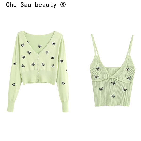 fashion two-piece suit butterfly embroidery green stretch short v-neck strap + knitted cardigan sweater coat women 210508, White
fashion two-piece suit butterfly embroidery green stretch short v-neck strap + knitted cardigan sweater coat women 210508, White