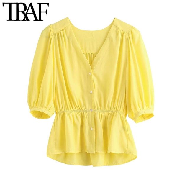 women sweet fashion button-up ruffles blouses vintage v neck short sleeve female shirts blusas chic 210507, White
women sweet fashion button-up ruffles blouses vintage v neck short sleeve female shirts blusas chic 210507, White