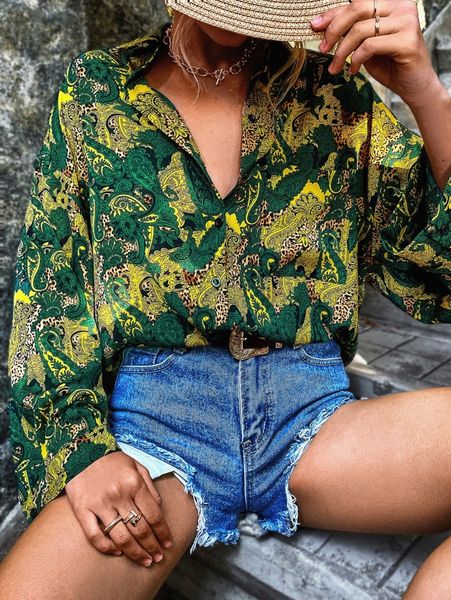 paisley print pocket front drop shoulder blouse c03z#, White 
paisley print pocket front drop shoulder blouse c03z#, White