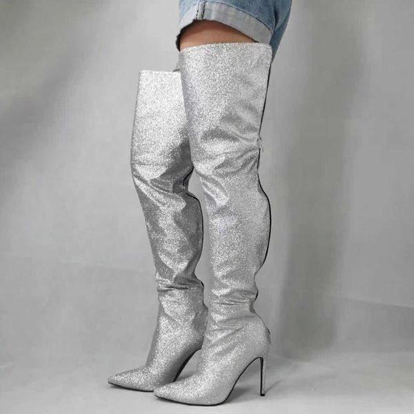 boots large size 43 silver sequined cloth women over knee high thin heel pointed toe back zipper thigh booties for ladies, Black
boots large size 43 silver sequined cloth women over knee high thin heel pointed toe back zipper thigh booties for ladies, Black