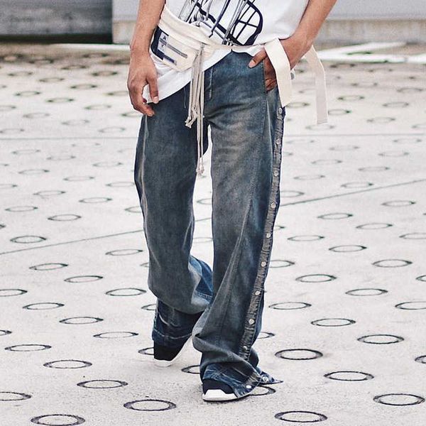 one of you dark black side breasted pants ro double line washing water used wide leg jeans men's slit show yxyx, Blue
one of you dark black side breasted pants ro double line washing water used wide leg jeans men's slit show yxyx, Blue