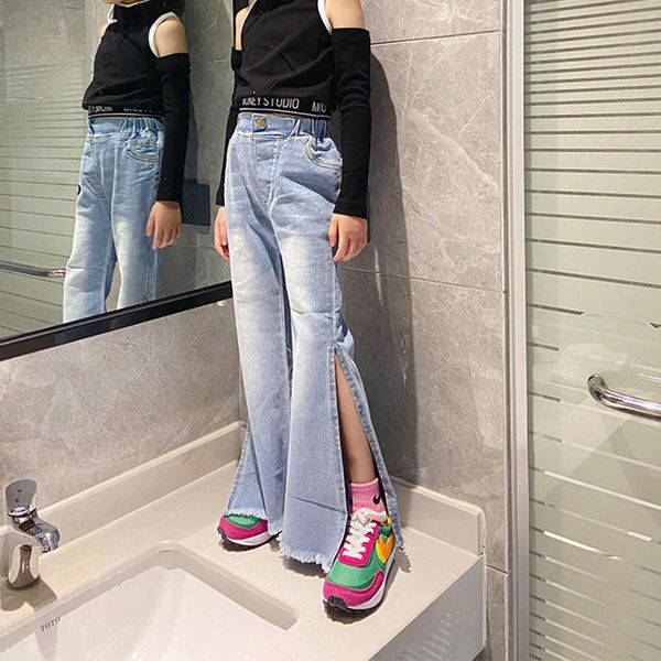 jeans girls split flared pants 2021 high waist slim wide leg trousers streetwear teenage tassel 4 to 14 yrs, Blue 
jeans girls split flared pants 2021 high waist slim wide leg trousers streetwear teenage tassel 4 to 14 yrs, Blue