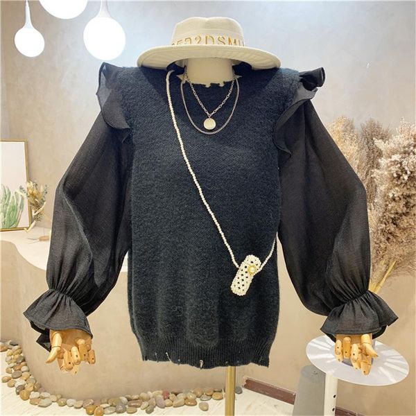women's sweaters niche design clothing 2021 autumn ruffle stitching long-sleeved sweater loose knit top, White;black
women's sweaters niche design clothing 2021 autumn ruffle stitching long-sleeved sweater loose knit top, White;black