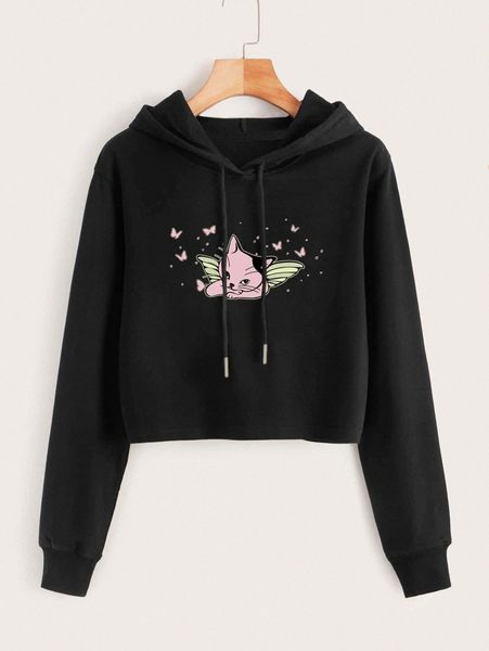 cartoon & butterfly print drawstring hoodie k2ns#, White;black
cartoon & butterfly print drawstring hoodie k2ns#, White;black