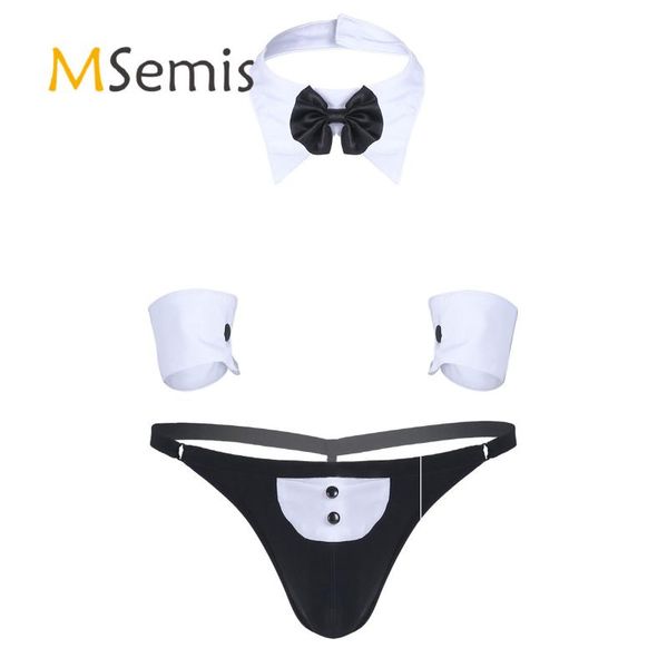 3pcs mens waiter lingerie suit open back tuxedo g-string thong underwear with bow tie collar and bracelets one-piece suits
3pcs mens waiter lingerie suit open back tuxedo g-string thong underwear with bow tie collar and bracelets one-piece suits