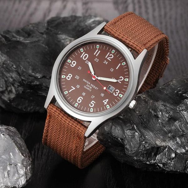 wristwatches men military watch quartz analog clock canvas wristband sports army waterproof wristwatch xrq88, Slivery;brown
wristwatches men military watch quartz analog clock canvas wristband sports army waterproof wristwatch xrq88, Slivery;brown