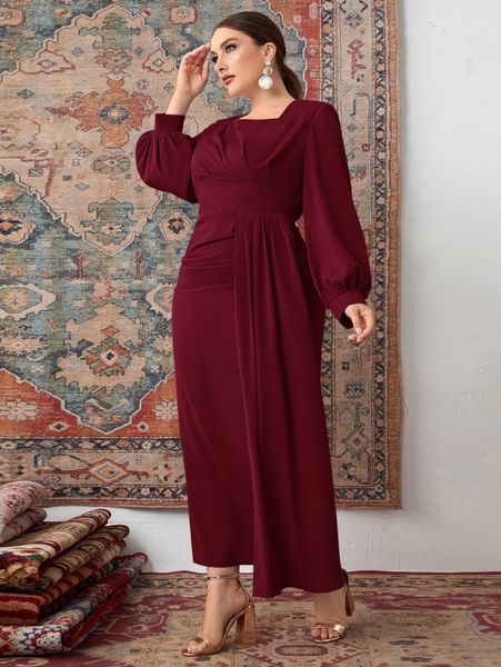 plus ruched plicated draped front lantern sleeve dress x3hc#, Black