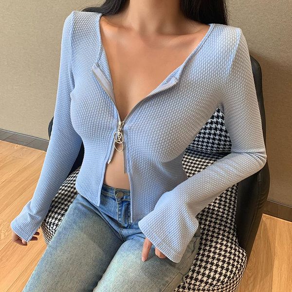 women's t-shirt casual cardigan thin knitted flared sleeve umbilical slit zipper short jacket slim female clothing, White
women's t-shirt casual cardigan thin knitted flared sleeve umbilical slit zipper short jacket slim female clothing, White