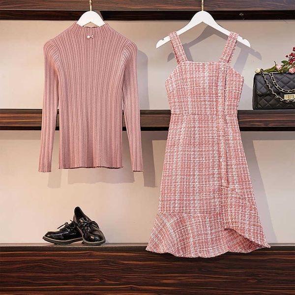 verhellen 2 piece set women dress autumn winter women's long sleeve pink knitted sweater + tweed overalls dress 210706, White
verhellen 2 piece set women dress autumn winter women's long sleeve pink knitted sweater + tweed overalls dress 210706, White