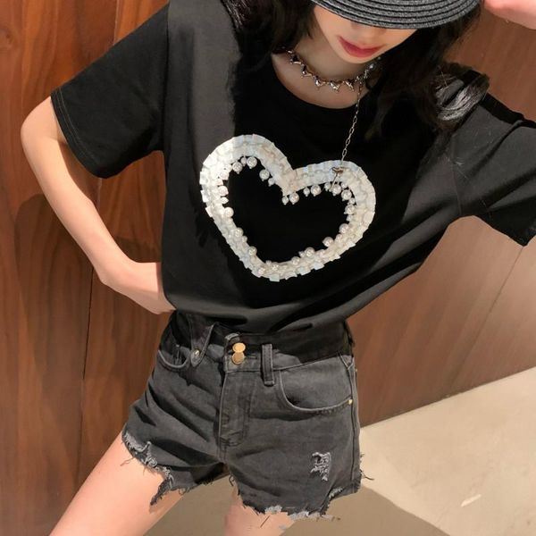 women's t-shirt whitney wang 2021 summer fashion streetwear ruffled patchwork pearls beading sweet heart women tees lady, White
women's t-shirt whitney wang 2021 summer fashion streetwear ruffled patchwork pearls beading sweet heart women tees lady, White