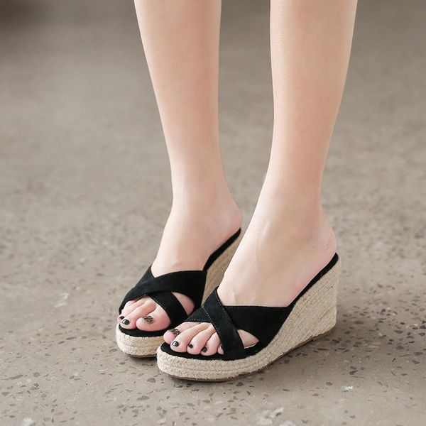 slippers cross-tied concise open toe outside women platform wedges slides high summer shoes solid elegant flock pu, Black
slippers cross-tied concise open toe outside women platform wedges slides high summer shoes solid elegant flock pu, Black