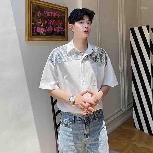 men's casual shirts net red personalized summer shirt fashion korean chic design splicing short sleeve sequin loose stage dj, White;black
men's casual shirts net red personalized summer shirt fashion korean chic design splicing short sleeve sequin loose stage dj, White;black