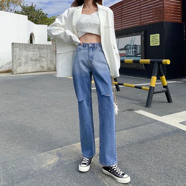 spring 2021 korean version of the broken hole show high gradient loose jeans women's waist wide trousers, Blue
spring 2021 korean version of the broken hole show high gradient loose jeans women's waist wide trousers, Blue
