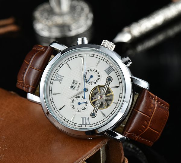 men watch 41mm mechanical movement with leather strap luxury watches white black dial pp082001 good, Slivery;brown 
men watch 41mm mechanical movement with leather strap luxury watches white black dial pp082001 good, Slivery;brown