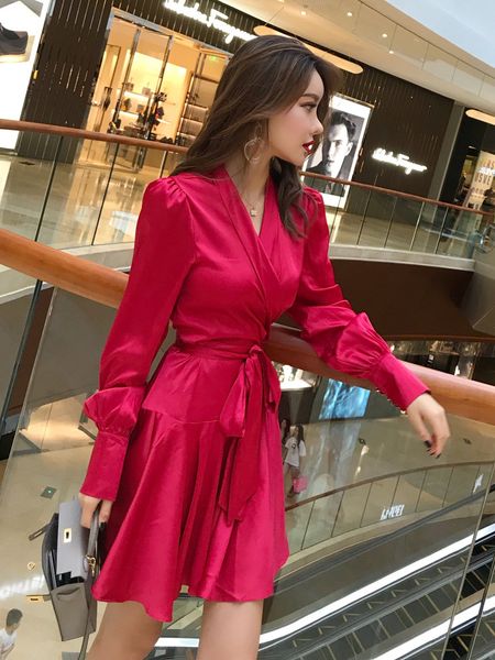 red elegant silk satin women es v neck lantern ruffle sash mini wrap ladies a line long sleeve vestido, Black;gray
red elegant silk satin women es v neck lantern ruffle sash mini wrap ladies a line long sleeve vestido, Black;gray