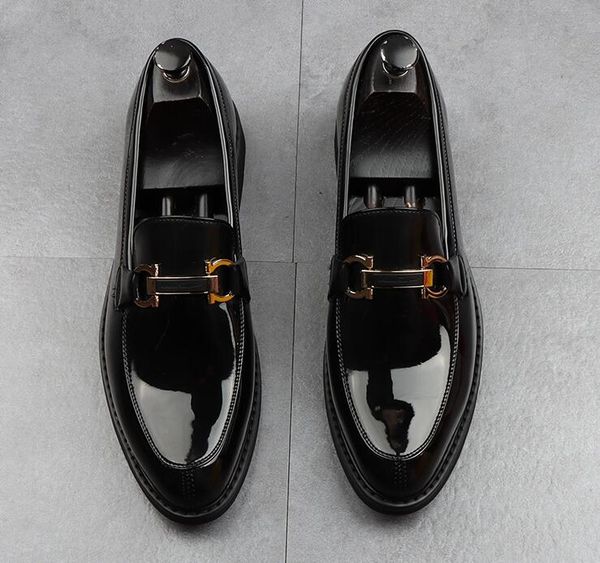 designer men patent leather dress shoes horsebit pointed toes loafers luxury bright leather fashion party wedding casual shoes british style, Black