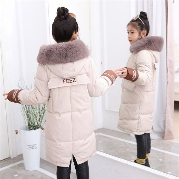 

winter girl jacket thickened coat children's cotton-padded clothes length thicken parka overcoat faux fur outerwear kid 211203, Blue;gray