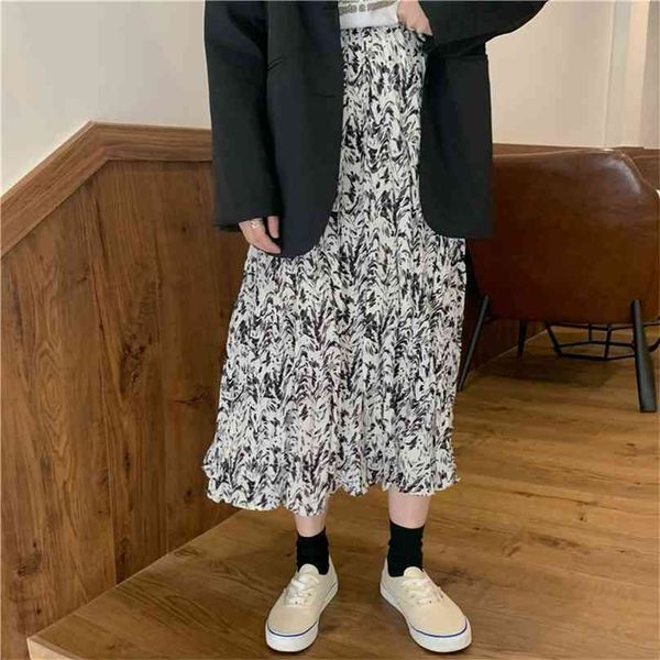 chic all match vintage floral printing high waist loose retro a-line kroean gentle fashion long skirt 210525, Black 
chic all match vintage floral printing high waist loose retro a-line kroean gentle fashion long skirt 210525, Black