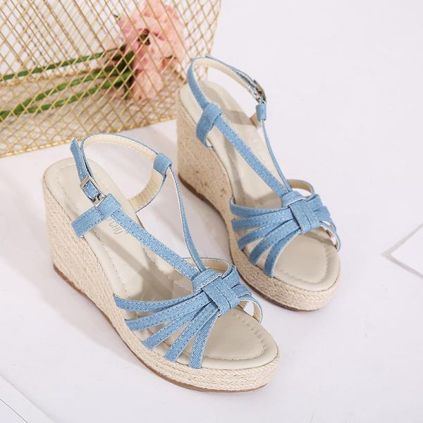 sandals 2021 summer denim wedges heel platform women shoes straw 8.5cm high heels, Black