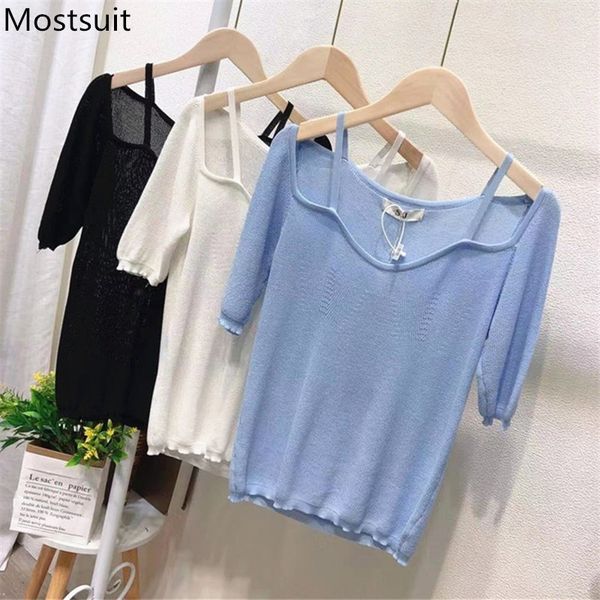 summer knitted knitwear pullover women short sleeve spaghetti strap sweater stylish vintage korean ladies jumpers 210514, White;black
summer knitted knitwear pullover women short sleeve spaghetti strap sweater stylish vintage korean ladies jumpers 210514, White;black