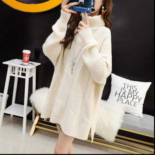 long women sweater sleeved turtleneck mid length female loose side split solid color rib small pullover spring, White;black
long women sweater sleeved turtleneck mid length female loose side split solid color rib small pullover spring, White;black
