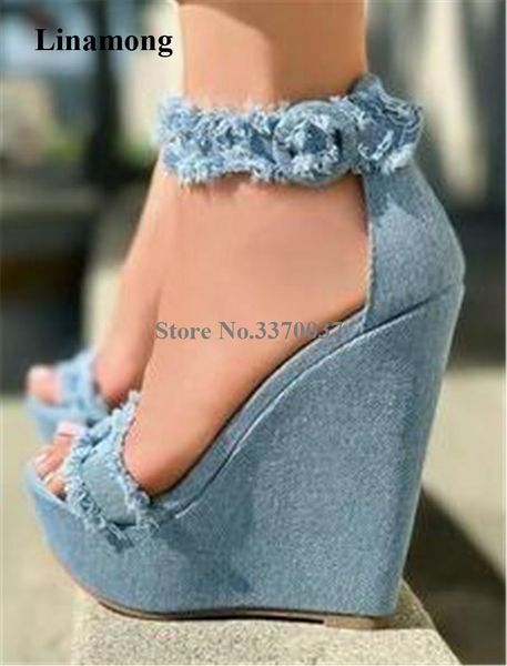 fashion women summer blue denim high platform wedge sandals ankle straps fringes height increased jean shoes, Black
fashion women summer blue denim high platform wedge sandals ankle straps fringes height increased jean shoes, Black