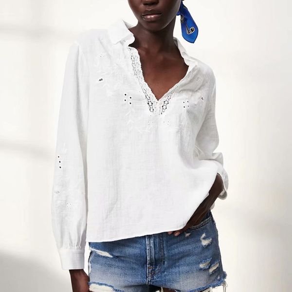 za summer women embroidery blouse office lady solid fashion shirt long sleeve v-neck female loose hollow out thin 210422, White
za summer women embroidery blouse office lady solid fashion shirt long sleeve v-neck female loose hollow out thin 210422, White