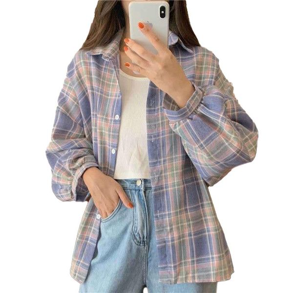 women's blouses & shirts ins plaid women long sleeve cardigan vintage pink purple checkered beautiful blouse fashion button up oversize, White
women's blouses & shirts ins plaid women long sleeve cardigan vintage pink purple checkered beautiful blouse fashion button up oversize, White
