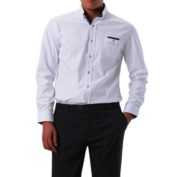 men's casual shirts male dress shirt long sleeve pocket decor business breathable solid color lapel men slim workwear wedding party, White;black 
men's casual shirts male dress shirt long sleeve pocket decor business breathable solid color lapel men slim workwear wedding party, White;black