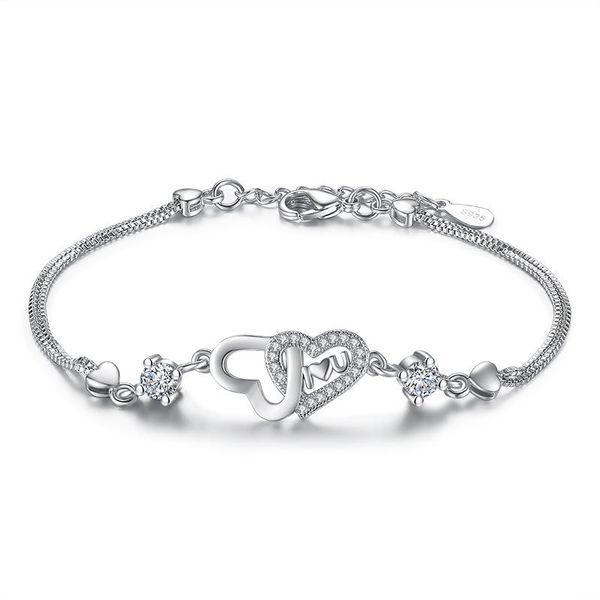 link, chain anenjery 925 sterling double layer silver heart zircon bracelet for women valentines gift s-b47, Black
link, chain anenjery 925 sterling double layer silver heart zircon bracelet for women valentines gift s-b47, Black