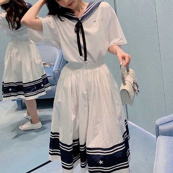 navy tie bow t-shirt short sleeve women's high waist thin five pointed star medium long umbrella skirt casual two-piece set, White
navy tie bow t-shirt short sleeve women's high waist thin five pointed star medium long umbrella skirt casual two-piece set, White