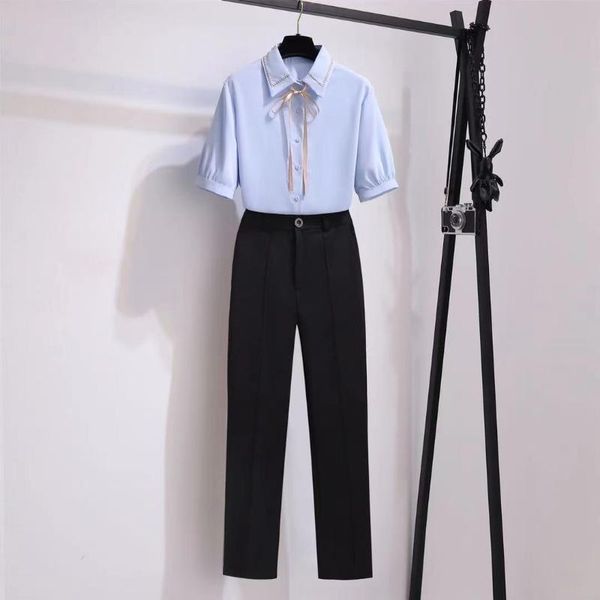 women's two piece pants summer fashion turn-down collar solid color two-piece sets outfit button bow short sleeve clothing female, White
women's two piece pants summer fashion turn-down collar solid color two-piece sets outfit button bow short sleeve clothing female, White