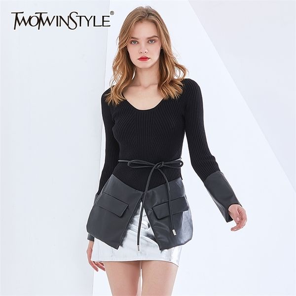 elegant patchwork pocket pu leather sweater for women o neck long sleeve lace up bowknot slim sweaters female 210524, White;black
elegant patchwork pocket pu leather sweater for women o neck long sleeve lace up bowknot slim sweaters female 210524, White;black