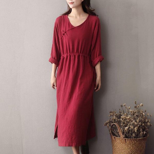 women's knits & tees spring 2021 literary v-neck long sleeve coil buckle loose bottomed skirt cotton linen dress, White
women's knits & tees spring 2021 literary v-neck long sleeve coil buckle loose bottomed skirt cotton linen dress, White