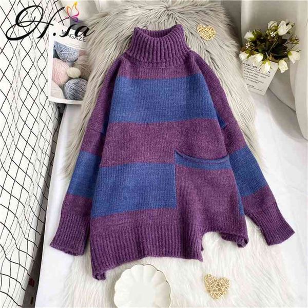 women turtleneck sweaters irregular hem pull jumpers wide striped chic harajuku knitted sweater femme 210430, Black;gray
women turtleneck sweaters irregular hem pull jumpers wide striped chic harajuku knitted sweater femme 210430, Black;gray