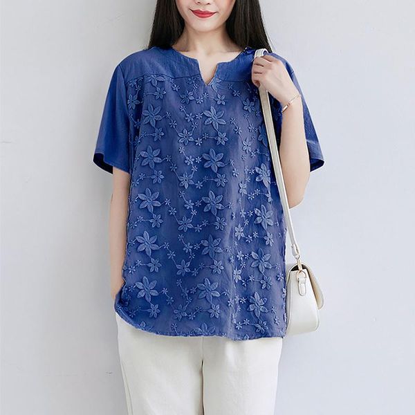 women's blouses & shirts blouse women lace embroidery solid color elegant short-sleeved v-neck stitching jacquard chic vintage, White 
women's blouses & shirts blouse women lace embroidery solid color elegant short-sleeved v-neck stitching jacquard chic vintage, White