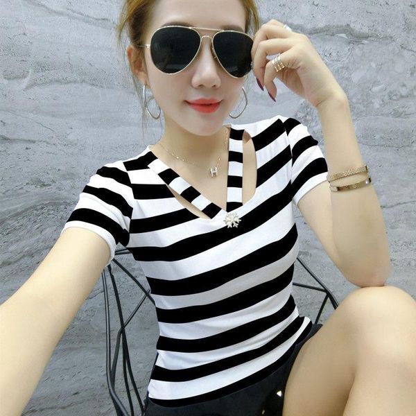 women's t-shirt 2021 summer slim-fit slimming short-sleeved fashion striped all-matching half sleeve female, White